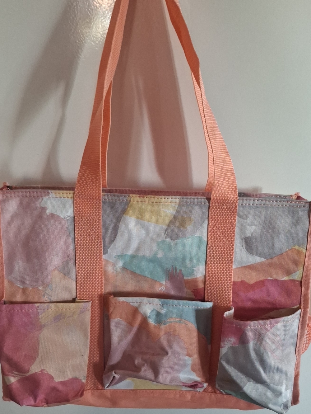 Peach Multiwatercolor Canvas Tote Bag with Pockets